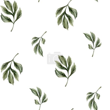 Photo for Floral watercolor seamless pattern with green peony leaves on white background. For use in design, fabric, textile, scrapbooking, wallpaper, wrapping papper, gift boxes, greeting cards, background. - Royalty Free Image