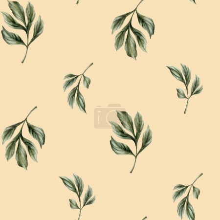 Photo for Floral watercolor seamless pattern with green peony leaves on light pink background. For use in design, fabric, textile, scrapbooking, wallpaper, wrapping papper, gift boxes, greeting cards, background. - Royalty Free Image