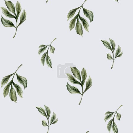 Photo for Floral watercolor seamless pattern with green peony leaves on light blue background. For use in design, fabric, textile, scrapbooking, wallpaper, wrapping papper, gift boxes, greeting cards, background. - Royalty Free Image