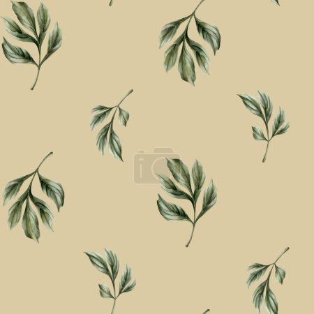 Photo for Floral watercolor seamless pattern with green peony leaves on light beige background. For use in design, fabric, textile, scrapbooking, wallpaper, wrapping papper, gift boxes, greeting cards, background. - Royalty Free Image