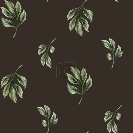Photo for Floral watercolor seamless pattern with green peony leaves on dark background. For use in design, fabric, textile, scrapbooking, wallpaper, wrapping papper, gift boxes, greeting cards, background. - Royalty Free Image