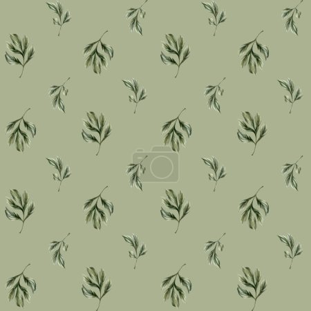 Foto de Patrón sin costura de acuarela floral con hojas de peonía verde sobre fondo verde gris. Para su uso en diseño, tela, textil, scrapbooking, papel pintado, papel de embalaje, cajas de regalo, tarjetas de felicitación, fondo. - Imagen libre de derechos