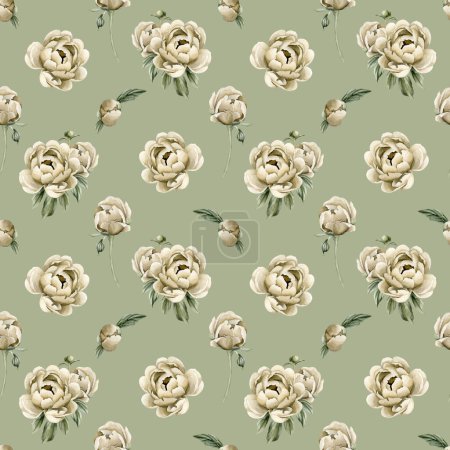 Photo for Floral watercolor seamless pattern with beige peony flowers, buds and green leaves on grey green background. For use in design, fabric, textile, scrapbooking, wallpaper, wrapping papper, gift boxes, greeting cards, background. - Royalty Free Image