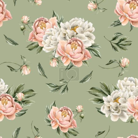 Photo for Floral watercolor seamless pattern with white and peach fuzz peony flowers, buds and green leaves on grey green background. For use in design, fabric, textile, scrapbooking, wallpaper, wrapping papper, gift boxes, greeting cards, background. - Royalty Free Image