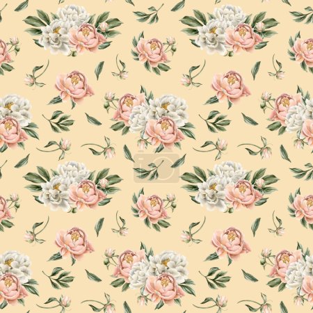 Floral watercolor seamless pattern with white and peach fuzz peony flowers, buds and green leaves on light pink background. For use in design, fabric, textile, scrapbooking, wallpaper, wrapping papper, gift boxes, greeting cards, background.