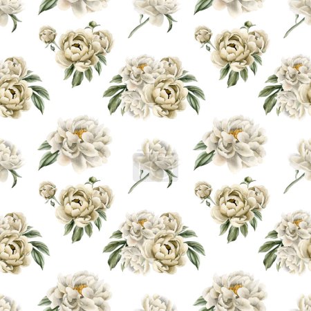 Photo for Floral watercolor seamless pattern with white and beige peony flowers, buds and green leaves on white background. For use in design, fabric, textile, scrapbooking, wallpaper, wrapping papper, gift boxes, greeting cards, background. - Royalty Free Image