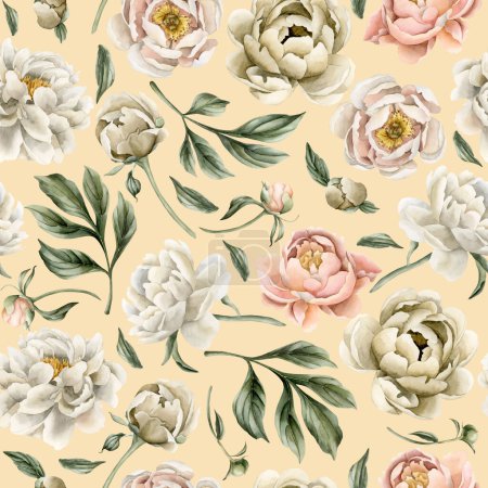 Photo for Floral watercolor seamless pattern with white beige and peach fuzz peony flowers, buds and green leaves on light pink background. For use in design, fabric, textile, scrapbooking, wallpaper, wrapping papper, gift boxes, greeting cards, background. - Royalty Free Image