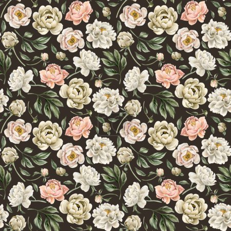 Floral watercolor seamless pattern with white beige and peach fuzz peony flowers, buds and green leaves on dark background. For use in design, fabric, textile, scrapbooking, wallpaper, wrapping papper, gift boxes, greeting cards, background.