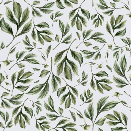 Photo for Floral watercolor seamless pattern with green peony leaves on light blue background. For use in design, fabric, textile, scrapbooking, wallpaper, wrapping papper, gift boxes, greeting cards, background. - Royalty Free Image