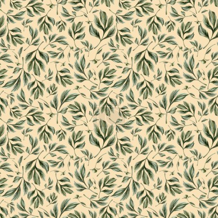 Photo for Floral watercolor seamless pattern with green peony leaves on light pink background. For use in design, fabric, textile, scrapbooking, wallpaper, wrapping papper, gift boxes, greeting cards, background. - Royalty Free Image