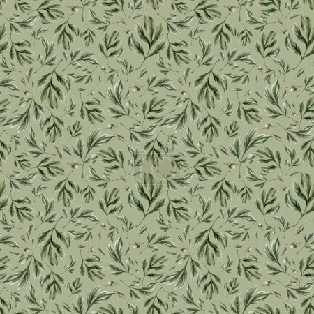 Photo for Floral watercolor seamless pattern with green peony leaves on grey green background. For use in design, fabric, textile, scrapbooking, wallpaper, wrapping papper, gift boxes, greeting cards, background. - Royalty Free Image
