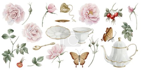 Photo for Set of rose hip flowers, berries, leaves, porcelain teaware and butterflies. Watercolor illustration hand painted isolated on white background. Perfect for invitations, greeting cards, posters, labels, wallpapers, wrappers, fabrics, textile - Royalty Free Image