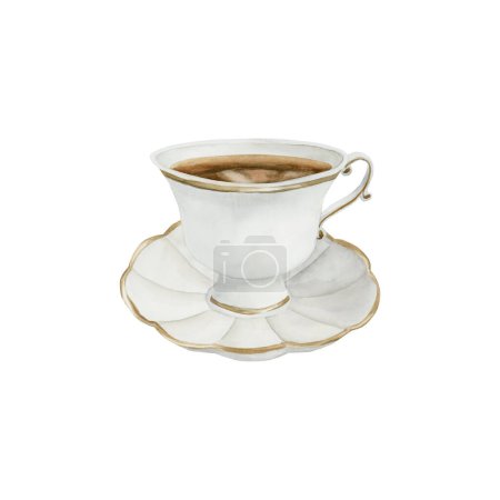 Photo for White porcelain tea cup and saucer with gilded rim, Victorian style. Cup of tea. Watercolor illustration hand painted isolated on white background. Perfect for invitations, greeting cards, posters, labels, wallpapers, wrappers, fabrics, textile - Royalty Free Image