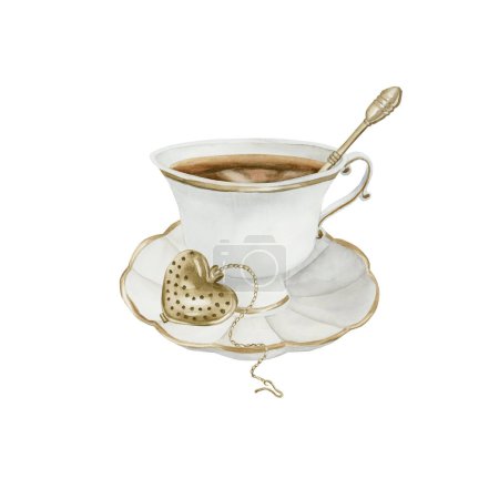 Photo for White porcelain tea cup and saucer with gilded rim, gold metal tea strainer on chain and tea spoon, Victorian style. Cup of tea. Watercolor illustration hand painted isolated on white background. Perfect for labels, wrappers, fabrics, textile - Royalty Free Image