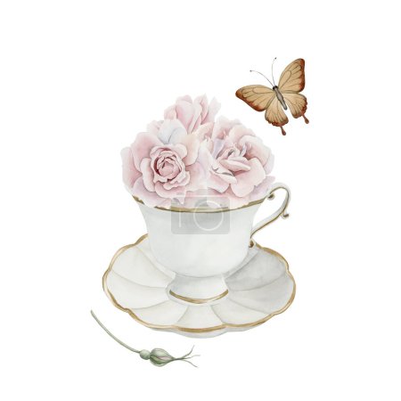 White porcelain tea cup and saucer with gilded rim, pink rose hip flowers and butterfly. Victorian style. Watercolor illustration hand painted isolated on white background. Perfect for posters, labels, wallpapers, wrappers, fabrics, textile