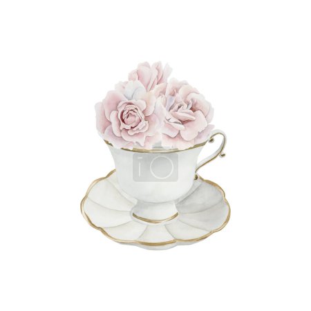 White porcelain tea cup and saucer with gilded rim, pink rose hip flowers. Victorian style. Watercolor illustration hand painted isolated on white background. Perfect for posters, labels, wallpapers, wrappers, fabrics, textile