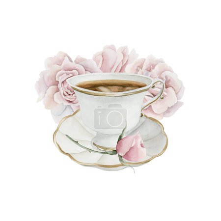 Photo for White porcelain tea cup and saucer with gilded rim, pink rose hip flowers. Cup of tea. Victorian style. Watercolor illustration hand painted isolated on white background. Perfect for posters, labels, wallpapers, wrappers, fabrics, textile - Royalty Free Image