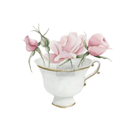 Photo for White porcelain tea cup with gilded rim with pink rose hip flowers and buds. Victorian style. Watercolor illustration hand painted isolated on white background. Perfect for invitations, posters, labels, wallpapers, wrappers, fabrics, textile - Royalty Free Image