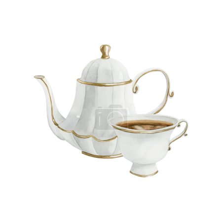 White porcelain teapot with gilded rim and cup of tea, Victorian style. Watercolor illustration hand painted isolated on white background. Perfect for invitations, greeting cards, posters, labels, wallpapers, wrappers, fabrics, textile, backgrounds
