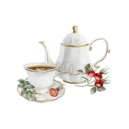 Composition of white porcelain teapot, tea cup and saucer with gilded rim, rose hip berries and leaves. Victorian style. Watercolor illustration hand painted isolated on white background. Perfect for invitations, labels, wrappers, fabrics