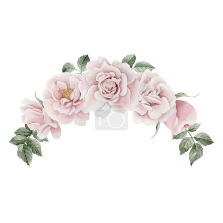 Photo for Composition of pink rose hip flowers with buds and leaves, Victorian style rose. Floral watercolor illustration hand painted isolated on white background. Perfect for invitation, greeting cards, posters, labels, wallpapers, wrappers, fabrics, textile - Royalty Free Image