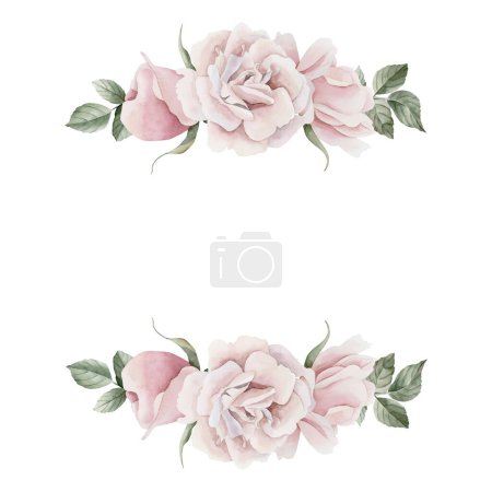 Photo for Frame of pink rose hip flowers with leaves, Victorian style rose. Floral watercolor illustration hand painted isolated on white background. Perfect for invitation, greeting cards, posters, labels, wallpapers, wrappers, fabrics, textile - Royalty Free Image