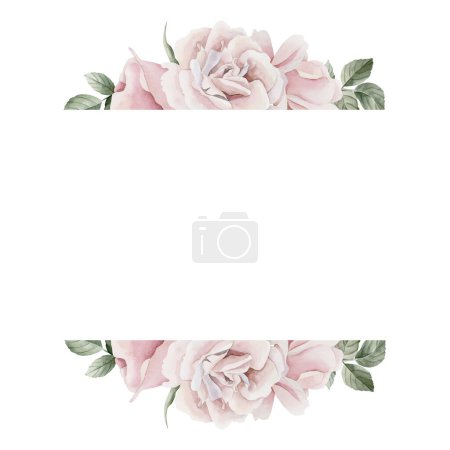 Photo for Frame of pink rose hip flowers with leaves, Victorian style rose. Floral watercolor illustration hand painted isolated on white background. Perfect for invitation, greeting cards, posters, labels, wallpapers, wrappers, fabrics, textile - Royalty Free Image