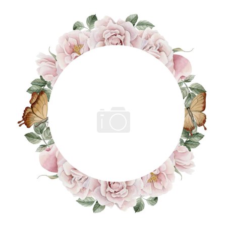 Horizontal frame of pink rose hip flowers, buds and leaves, Victorian style rose. Floral watercolor illustration hand painted isolated on white background. Perfect for invitation, greeting cards, poster, labels, wallpapers, wrappers, fabrics, textile