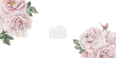 Photo for Horizontal frame of pink rose hip flowers, buds and leaves, Victorian style rose. Floral watercolor illustration hand painted isolated on white background. Perfect for invitation, greeting cards, poster, labels, wallpapers, wrappers, fabrics, textile - Royalty Free Image