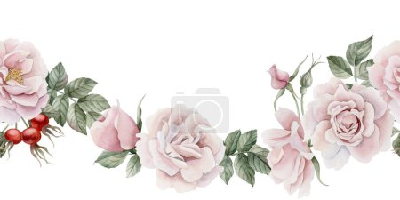 Photo for Horizontal frame of pink rose hip flowers, buds and leaves, Victorian style rose. Floral watercolor illustration hand painted isolated on white background. Perfect for invitation, greeting cards, poster, labels, wallpapers, wrappers, fabrics, textile - Royalty Free Image