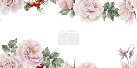 Photo for Horizontal frame of pink rose hip flowers, buds, leaves and berries. Victorian style rose. Floral watercolor illustration hand painted isolated on white background. Perfect for invitation, greeting cards, labels, wallpapers, wrappers, fabric, textile - Royalty Free Image