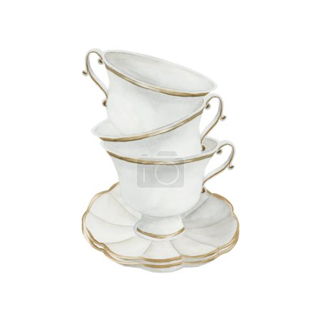 Photo for Composition of three white porcelain tea cups and saucers with gilded rim, Victorian style. Watercolor illustration hand painted isolated on white background. Perfect for invitations, greeting cards, labels, wallpapers, wrappers, fabrics, textile - Royalty Free Image