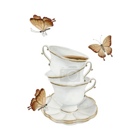 Composition of white porcelain tea cups with tea, saucers with gilded rim and brown butterflies. Victorian style. Watercolor illustration hand painted isolated on white background. For invitations, greeting cards, labels, wrappers, fabrics, textile