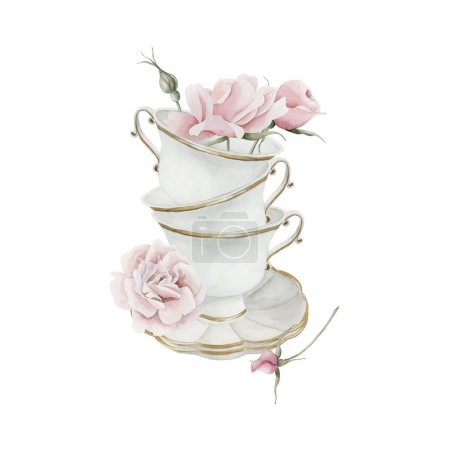 Composition of three white porcelain tea cups and saucers with gilded rim and pink rose hip flowers. Victorian style. Watercolor illustration hand painted isolated on white background. Perfect for invitations, labels, wrappers, fabrics, textile