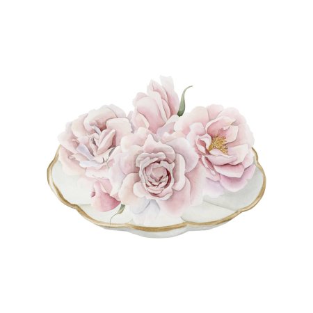 Photo for White porcelain saucer with gilded rim and pink rose hip flowers. Victorian style. Watercolor illustration hand painted isolated on white background. Perfect for invitations, labels, wrappers, fabrics, textile - Royalty Free Image