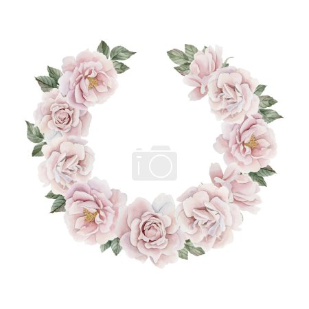 Photo for Composition of pink rose hip flowers with leaves, horseshoe shape. Victorian style. Floral watercolor illustration hand painted isolated on white background. Perfect for invitation, greeting cards, labels, wallpapers, wrappers, fabrics, textile - Royalty Free Image