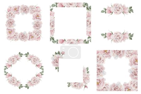 Photo for Set of frames of pink rose hip flowers with leaves, Victorian style rose. Floral watercolor illustration hand painted isolated on white background. Perfect for invitation, greeting cards, posters, labels, wallpapers, wrappers, fabrics, textile - Royalty Free Image