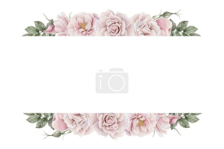 Photo for Horizontal frame of pink rose hip flowers with leaves, Victorian style. Floral watercolor illustration hand painted isolated on white background. Perfect for invitation, greeting cards, posters, labels, wallpapers, wrappers, fabrics, textile - Royalty Free Image