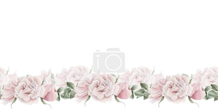 Photo for Horizontal seamless border of pink rose hip flowers with leaves. Victorian style. Floral watercolor illustration hand painted isolated on white background. Perfect for invitation, greeting cards, posters, wallpapers, wrappers, fabrics, textile - Royalty Free Image