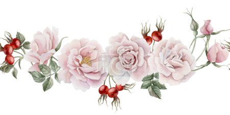 Photo for Horizontal seamless border of pink rose hip flowers, buds, leaves and berries. Victorian style rose. Floral watercolor illustration hand painted isolated on white background. Perfect for invitation, greeting cards, wallpaper, wrapper, fabric, textile - Royalty Free Image