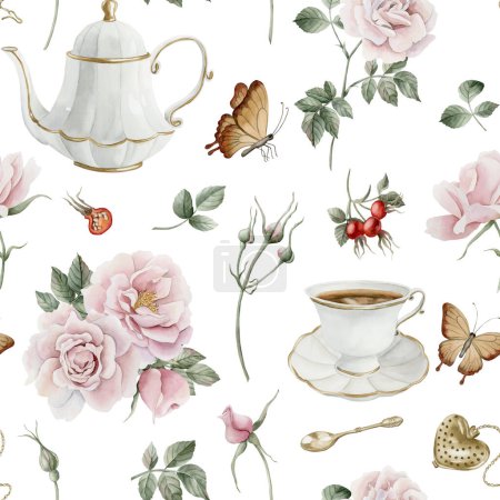 Photo for Rose hip pink flowers, red berries, leaves, white porcelain teaware and butterflies, watercolor seamless pattern on white background. For use in design, fabric, textile, scrapbooking, wallpaper, wrapping papper, gift boxes, greeting cards, background - Royalty Free Image