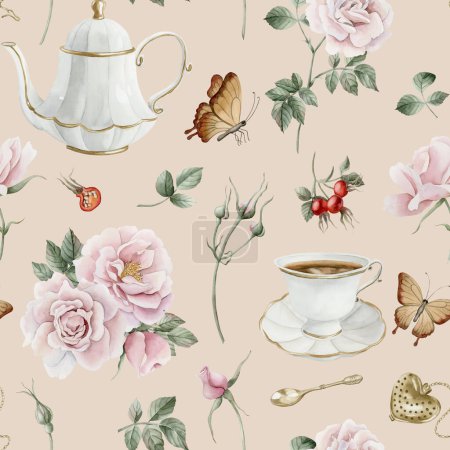 Rose hip pink flowers, red berries, leaves, white porcelain teaware and butterflies, watercolor seamless pattern on beige background. For use in design, fabric, textile, scrapbooking, wallpaper, wrapping papper, gift boxes, greeting cards
