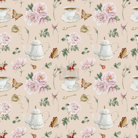 Photo for Rose hip pink flowers, red berries, leaves, white porcelain teaware and butterflies, watercolor seamless pattern on beige background. For use in design, fabric, textile, scrapbooking, wallpaper, wrapping papper, gift boxes, greeting cards - Royalty Free Image