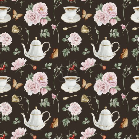 Rose hip pink flowers, red berries, leaves, white porcelain teaware and butterflies, watercolor seamless pattern on dark background. For use in design, fabric, textile, scrapbooking, wallpaper, wrapping papper, gift boxes, greeting cards