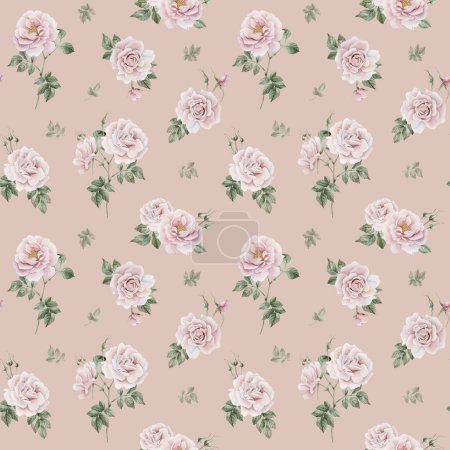 Photo for Rose hip pink flowers with buds and green leaves, Victorian style, watercolor seamless pattern on peach pink background. For use in design, fabric, textile, scrapbooking, wallpaper, wrapping papper, gift boxes, greeting cards, background - Royalty Free Image