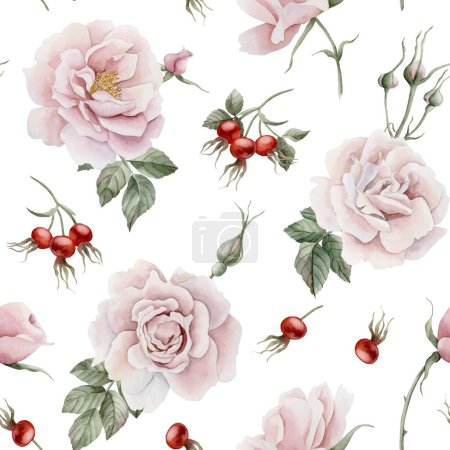 Photo for Rose hip pink flowers with buds, red berries and green leaves, Victorian style, watercolor seamless pattern on white background. For use in design, fabric, textile, scrapbooking, wallpaper, wrapping papper, gift boxes, greeting cards, background - Royalty Free Image