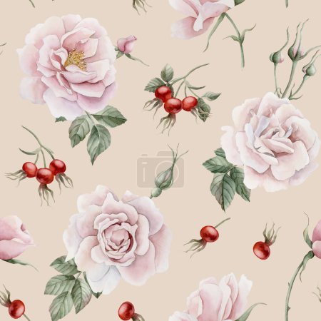 Photo for Rose hip pink flowers with buds, red berries and green leaves, Victorian style, watercolor seamless pattern on beige background. For use in design, fabric, textile, scrapbooking, wallpaper, wrapping papper, gift boxes, greeting cards, background - Royalty Free Image