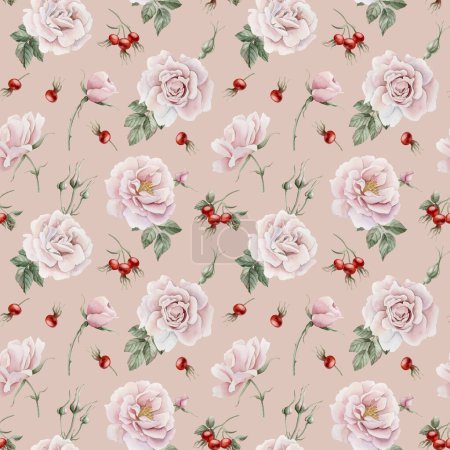 Photo for Rose hip pink flowers with buds, red berries and green leaves, Victorian style, watercolor seamless pattern on peach pink background. For use in design, fabric, textile, scrapbooking, wallpaper, wrapping papper, gift boxes, greeting cards, background - Royalty Free Image