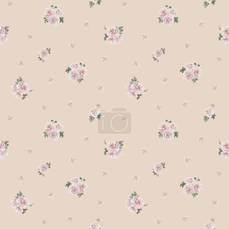 Photo for Rose hip pink flowers with buds and green leaves, Victorian style, watercolor seamless minimalist pattern on beige background. For use in design, fabric, textile, scrapbooking, wallpaper, wrapping papper, gift boxes, greeting cards, background - Royalty Free Image