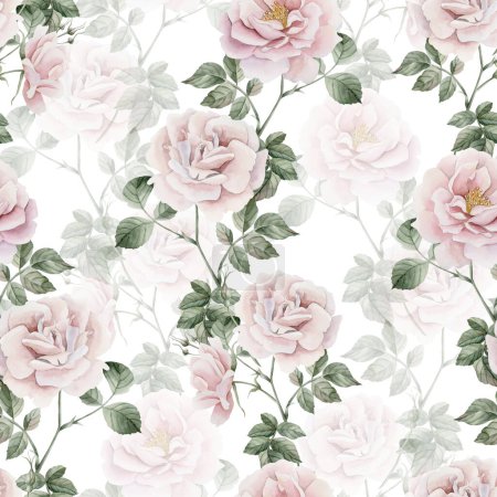 Photo for Rose hip pink flowers with buds and green leaves, Victorian style, watercolor seamless pattern on white background. For use in design, fabric, textile, scrapbooking, wallpaper, wrapping papper, gift boxes, greeting cards, background - Royalty Free Image